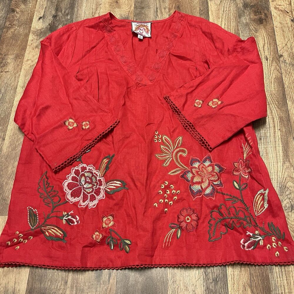 Johnny Was Women's Size XL Messine V Neck Linen Embroidered Floral Tunic Blouse - Picture 4 of 13